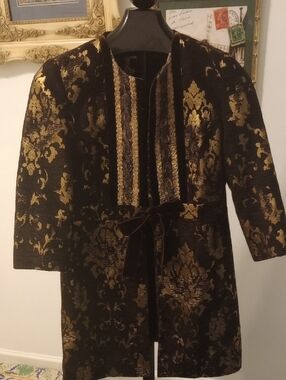 Brown And Gold Brocade Coat with Velvet Tie